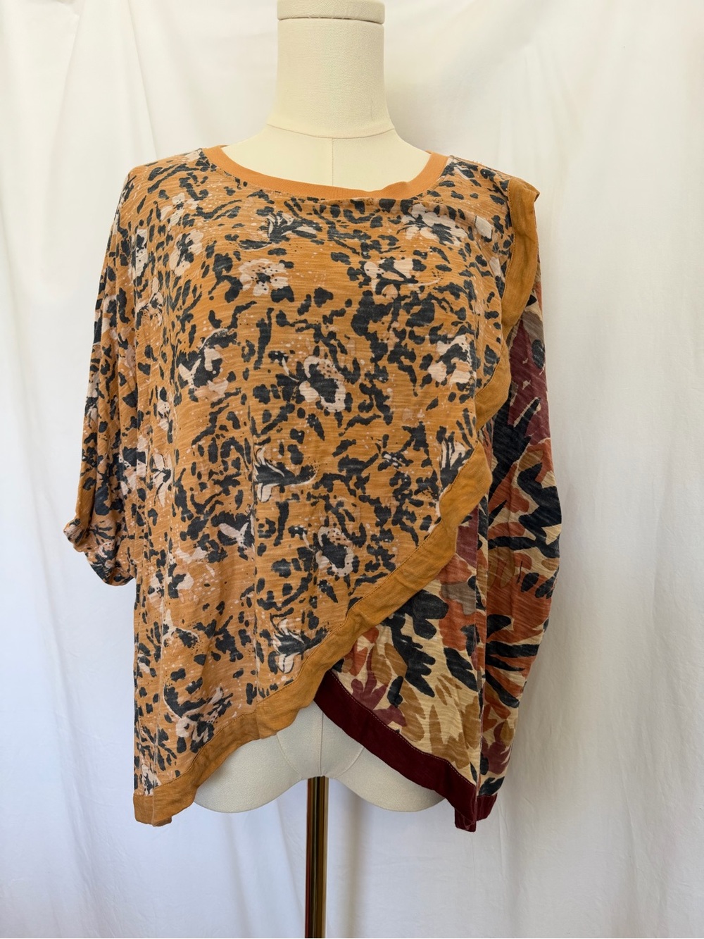 Free People Asymmetric Mixed-Print Tunic Top - Mustard Multi